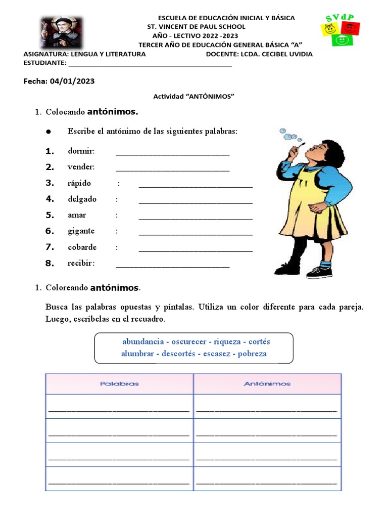 Actividades de Antónimos para Tercer Año | PDF | Artes del Lenguaje y ...