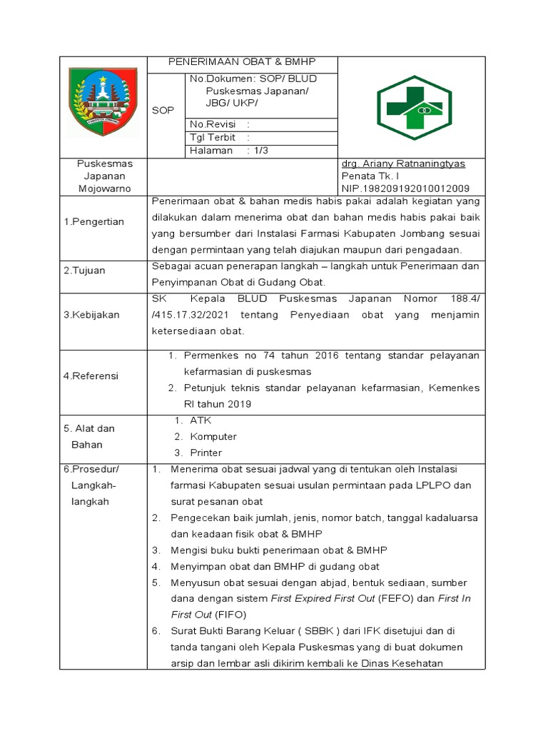 SOP Penerimaan Obat Puskesmas Japanan | PDF