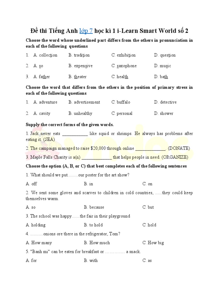 De Thi Tieng Anh Lop 7 Hoc Ki 1 I Learn Smart World So 2 | PDF | The ...
