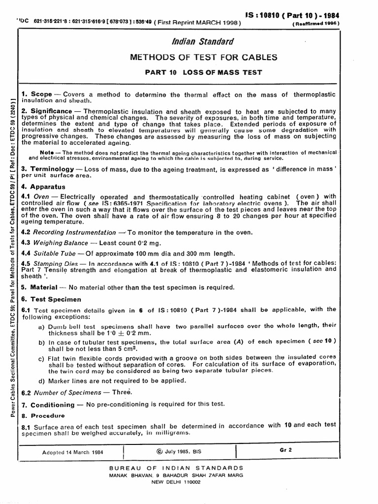 Indian standard methods of test for cables pdf thermal insulation