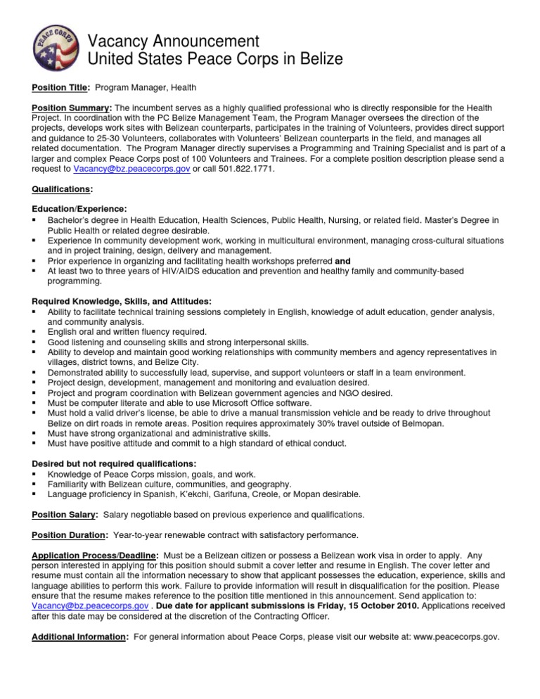 Peace Corps Program Manager, Health | PDF | Peace Corps | Public Health