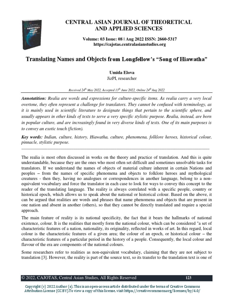 Translating Names and Objects From Longfellow's "Song of Hiawatha