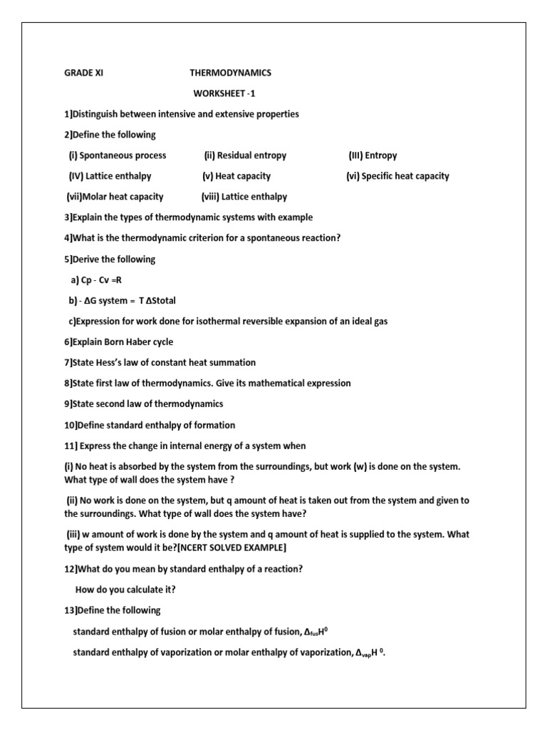 GRADE XI THERMODYNAMICS Worksheet 1 PDF Enthalpy Heat