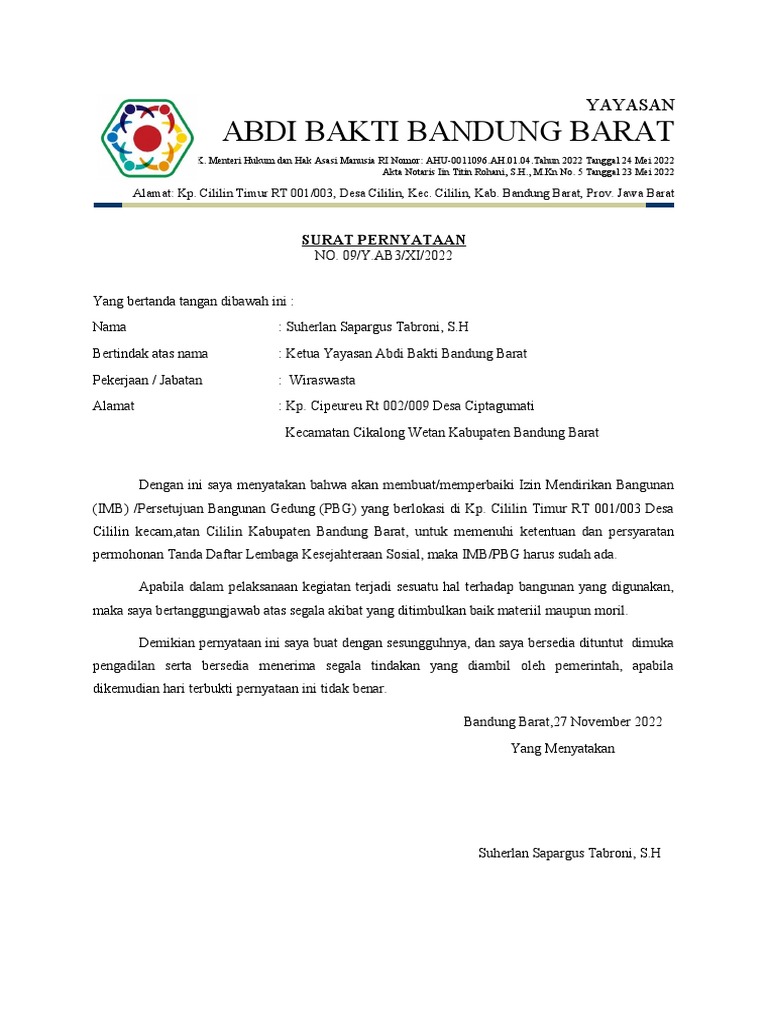 Contoh Surat Pernyataan IMB PBG | PDF