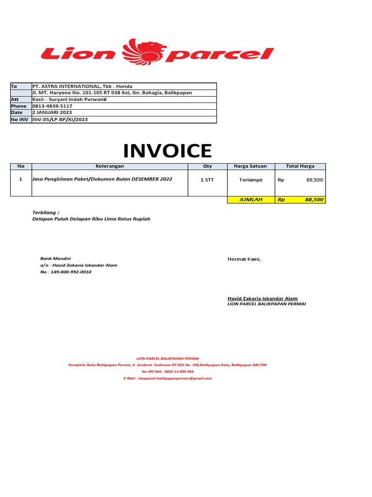 Invoice Jasa Pengiriman Lion Parcel | PDF