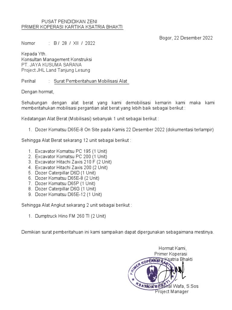 Surat Pemberitahuan Mob Alat Berat 22 Desember 2022 | PDF