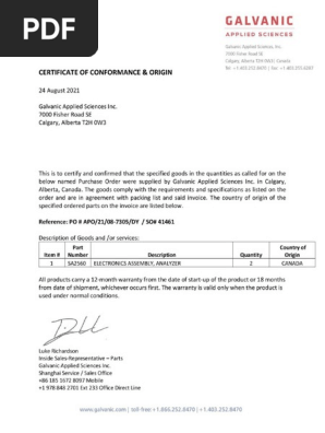 41461 Alco Certificate of Conformance and Origin