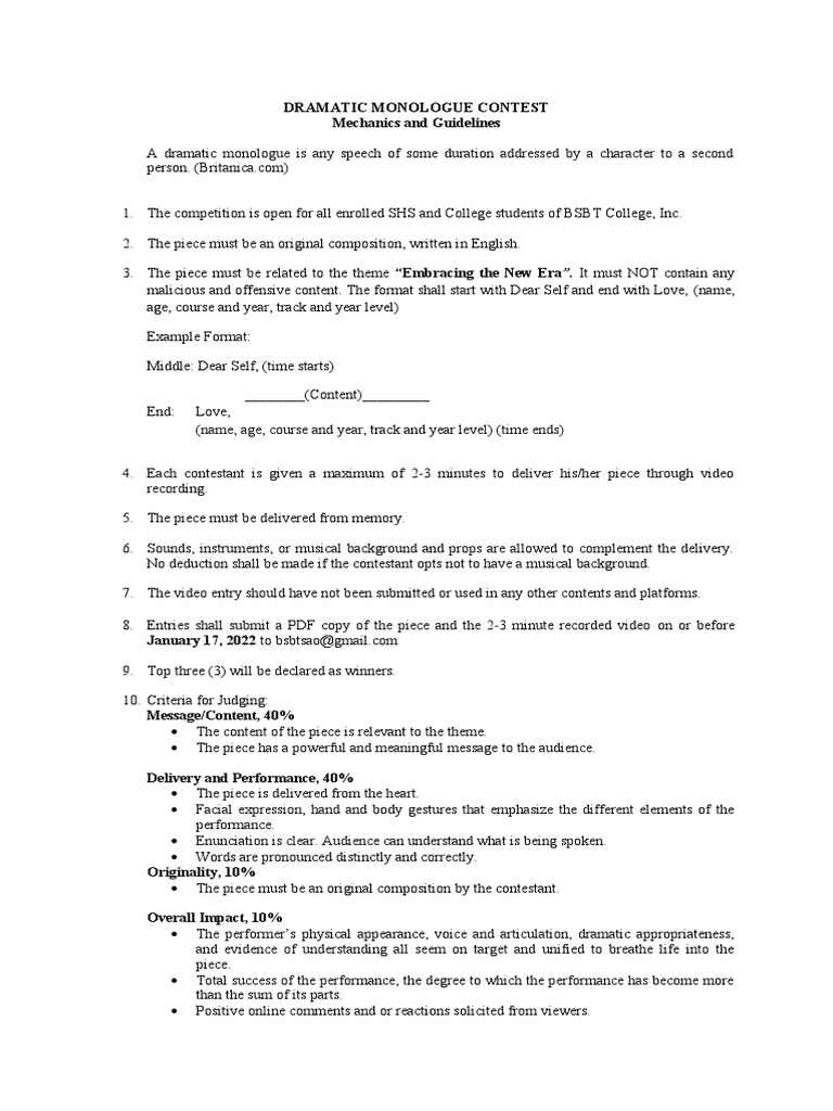 Monologue Contest Guidelines and Criteria | PDF | Cognition | Linguistics