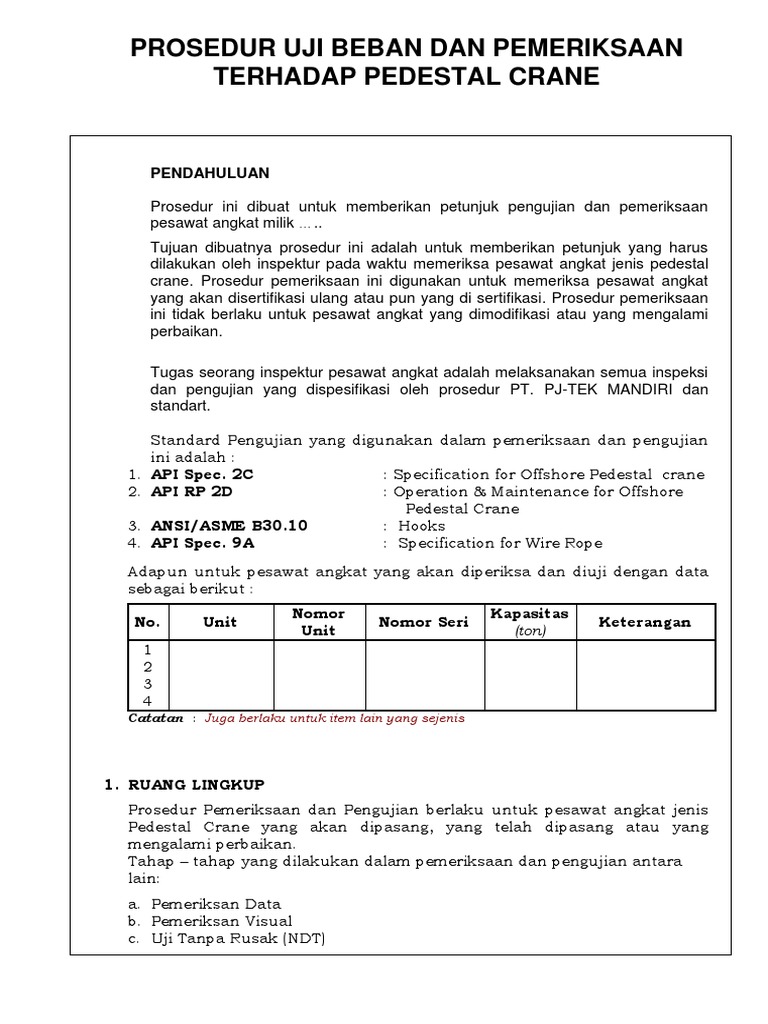 Prosedur Uji Dan Pemeriksaan Pedestal Crane PDF