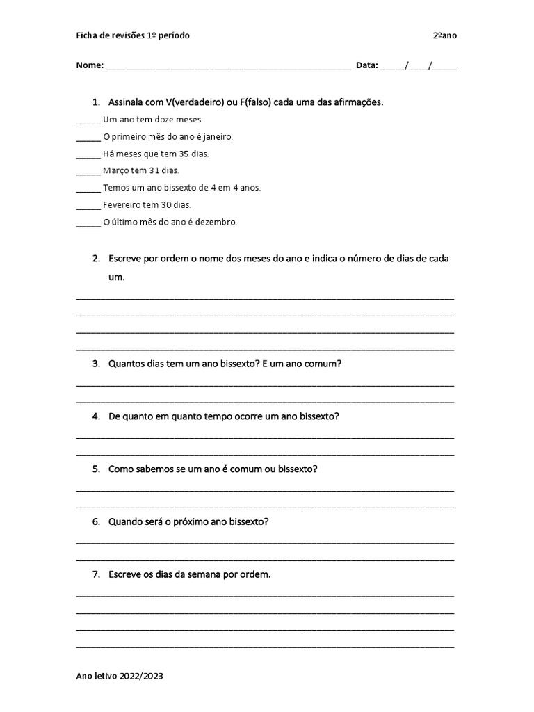 Ficha de Revisão 1º Período - 2º Ano | PDF | Carreira e Crescimento