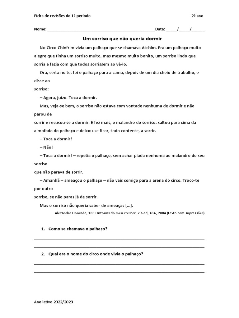 2º ano - Ficha de revisões 1 periodo - Português - 2022 | PDF | Linguística