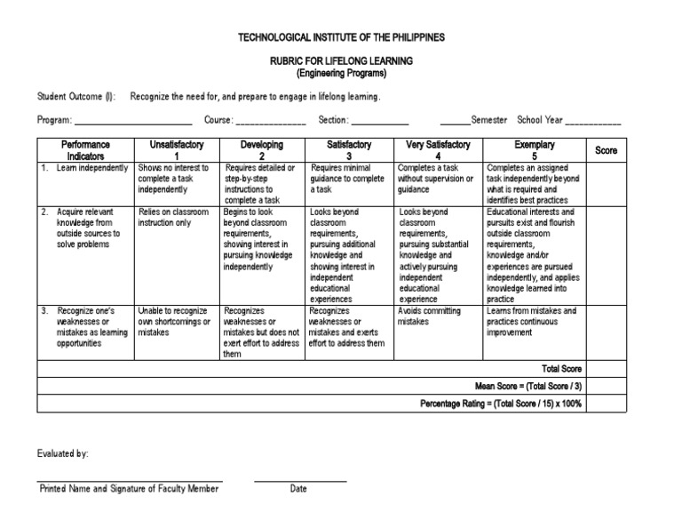 Engineering Rubric For SO (L) Lifelong Learning | PDF | Lifelong ...