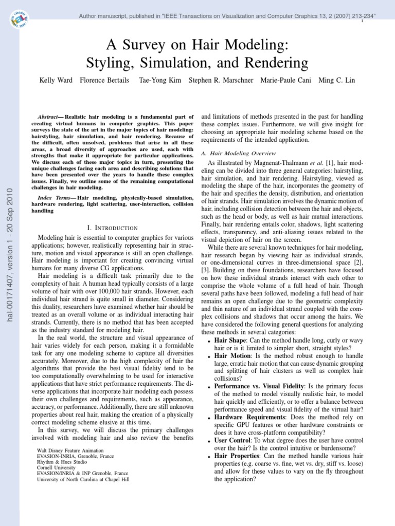 A Survey On Hair Modeling Styling, Simulation, and Rendering PDF
