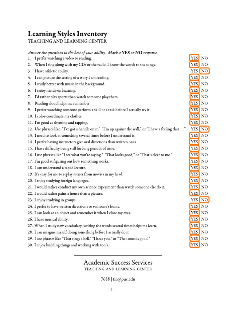 Appendix 1 (Learning Styles Inventory - Topic 1) | PDF