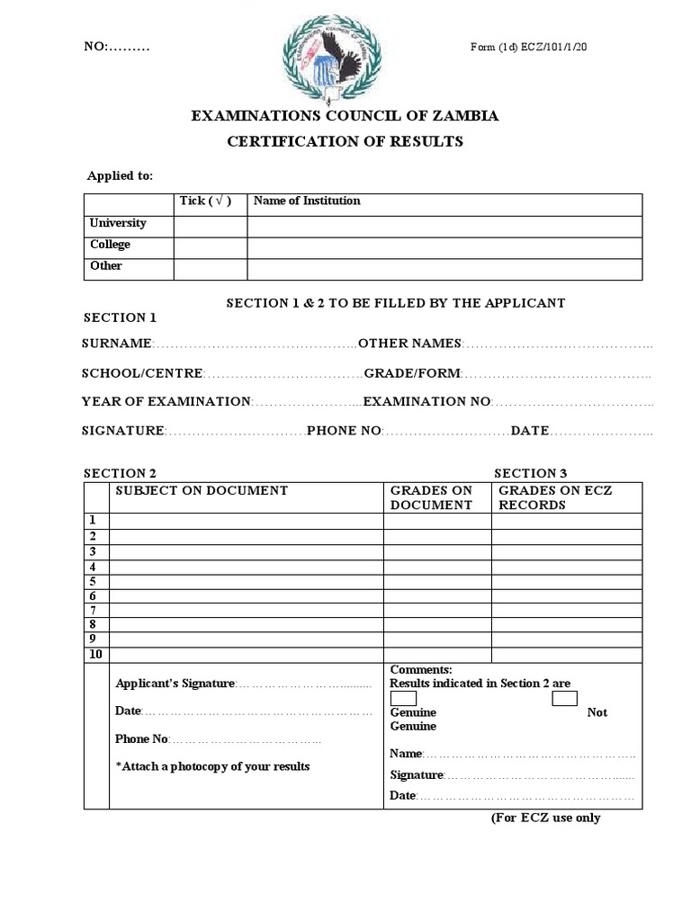 Examinations Council of Zambia Certification of Results PDF
