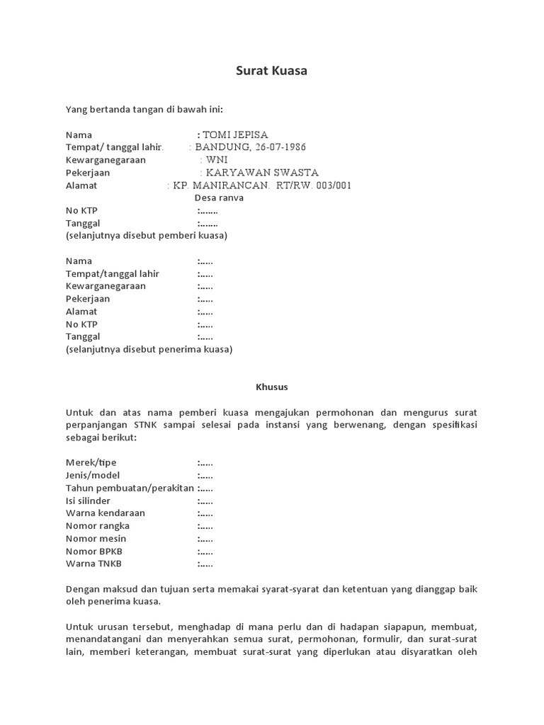 Surat Kuasa Perpanjang STNK PDF