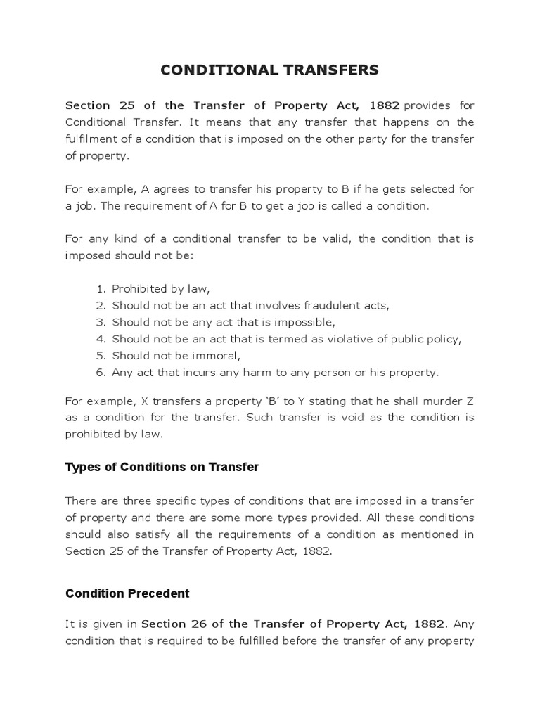 A Comprehensive Overview of Conditional Transfers Under the Transfer of