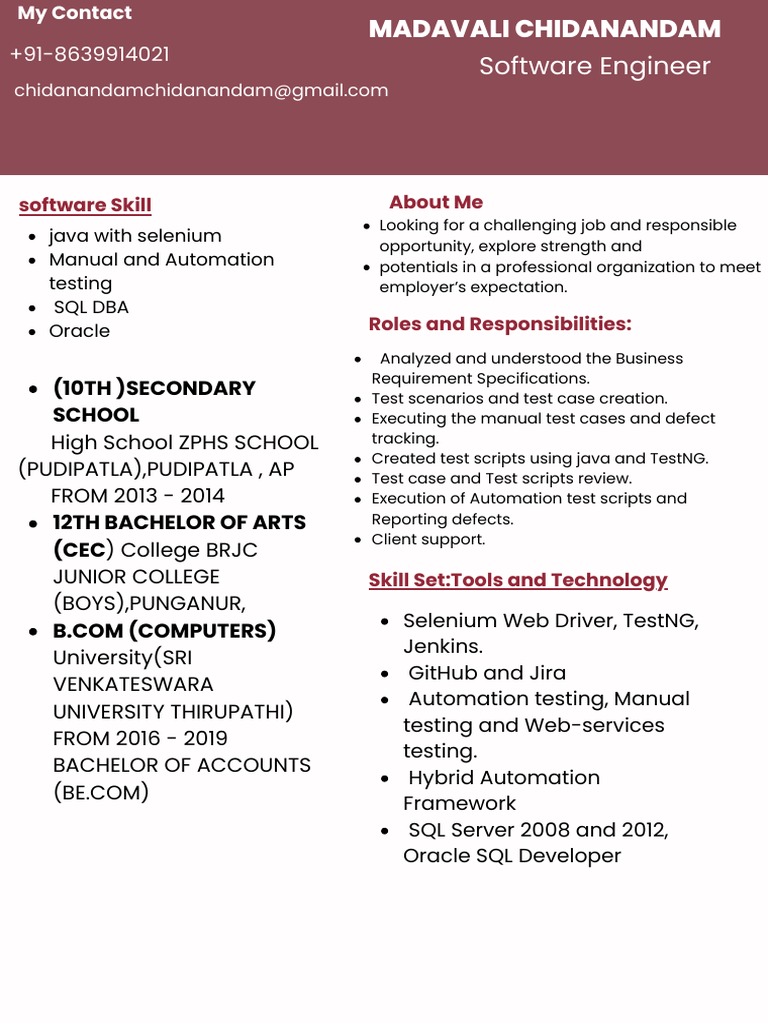 Software Engineer Resume - Chidanandam | PDF | Software Testing ...