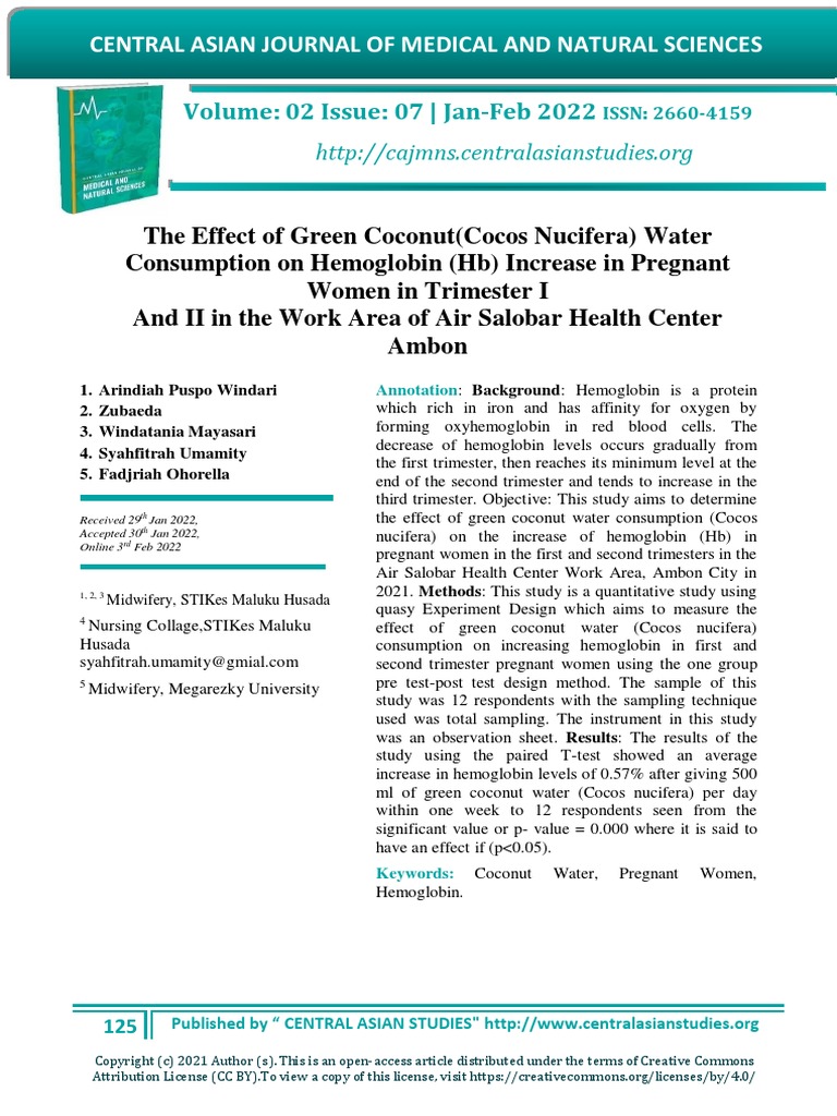 The Effect of Green Coconut (Cocos Nucifera) Water Consumption On Hemoglobin (HB) Increase in
