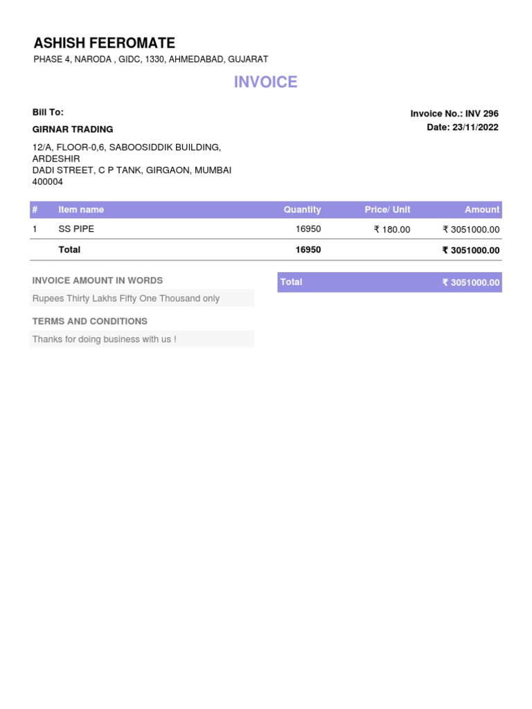 Invoice for SS Pipe Purchase | PDF