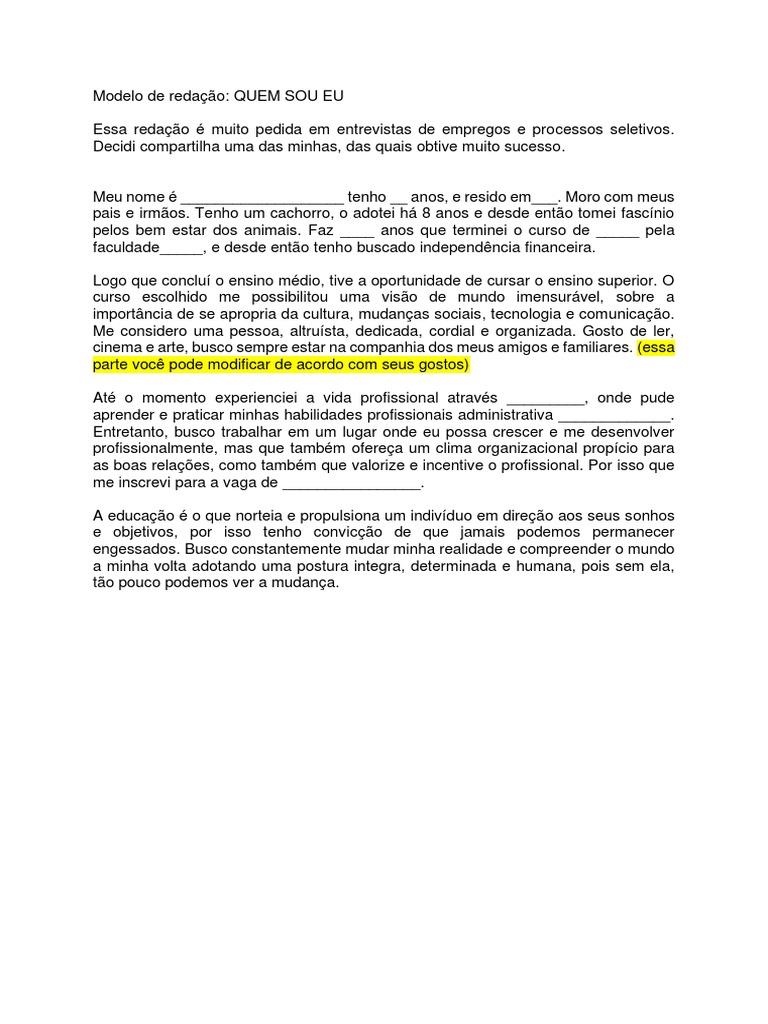 Modelo de Redação: Quem Sou Eu | PDF | Autoajuda