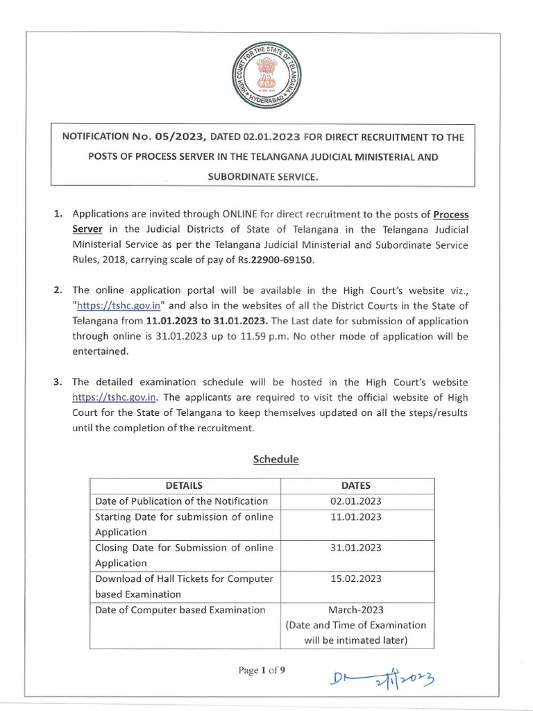 Notification Telangana High Court Process Server | PDF