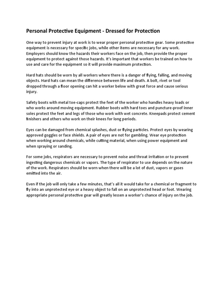 Personal Protective Equipment Dressed For Protection (EN and SP