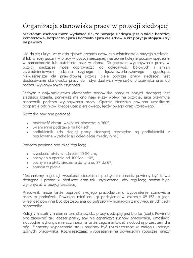Organizacja Stanowiska Pracy Biurowej Zgodnie Z Zasadami Bhp I Ppoż Organizacja Stanowiska Pracy W Pozycji Siedzącej | PDF