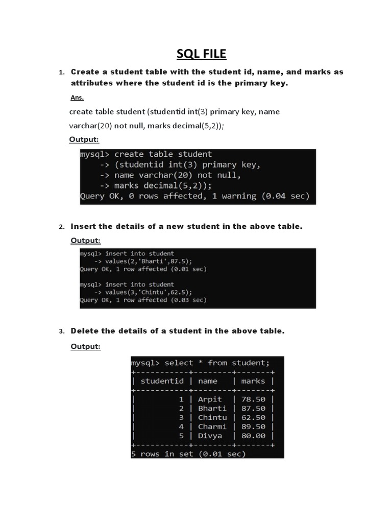 SQL File: Create Table Student (Studentid Int (3) Primary Key, Name ...