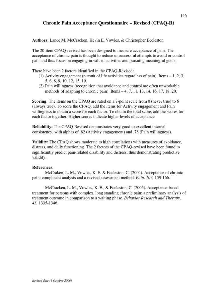 Chronic Pain Acceptance Questionnaire | PDF | Pain | Cognition