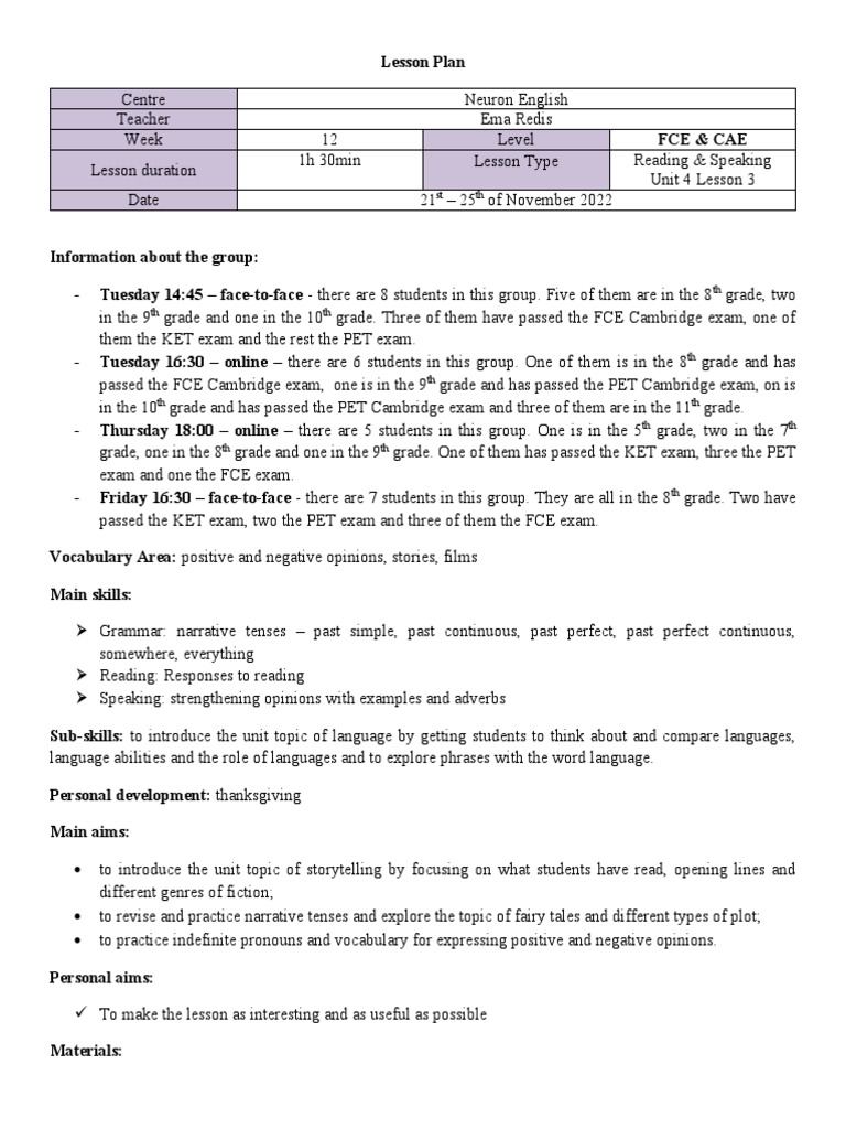 Lesson Plan Sapt 12 FCE & CAE | PDF | Storytelling | Question