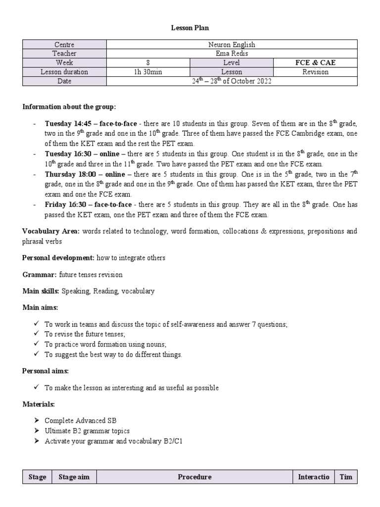 FCE & CAE Weekly Lesson Plan | PDF | English Language | Test (Assessment)