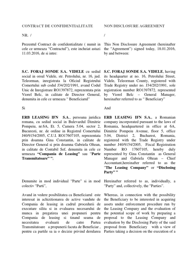 NDA ERB Leasing (Standard Template) PDF Confidentiality Private Law