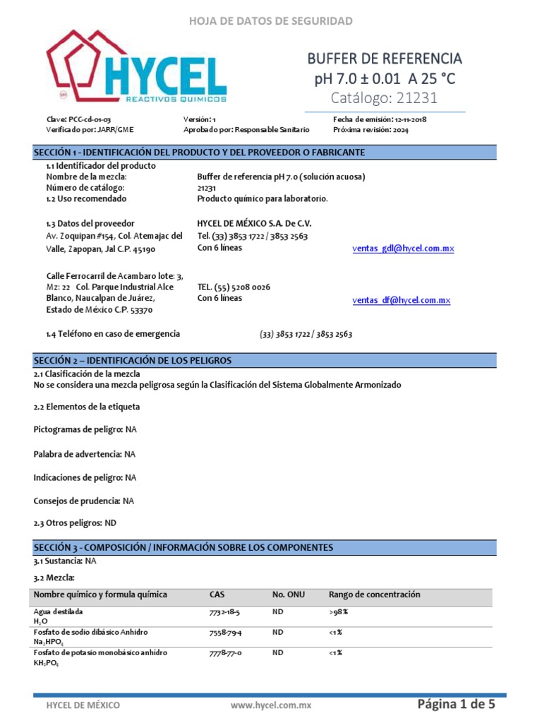 Hoja de Seguridad Buffer pH 7.0 | PDF | Agua | Residuos