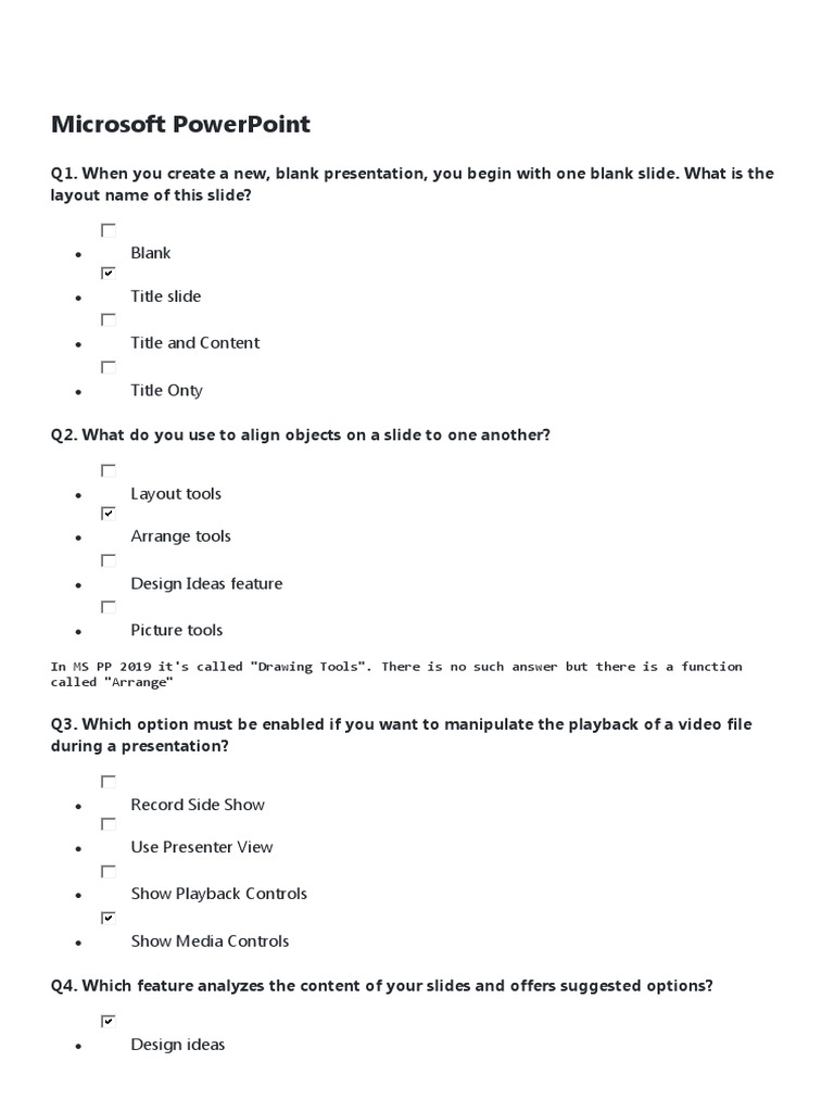 PowerPoint Essentials Quiz Guide | PDF | Page Layout | Microsoft Power ...
