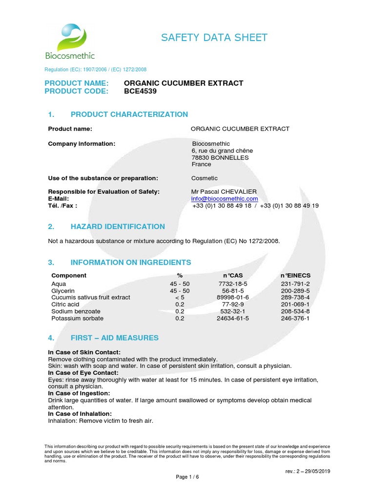 Organic Cucumber Extract Safety Data | PDF | Water | Chemistry