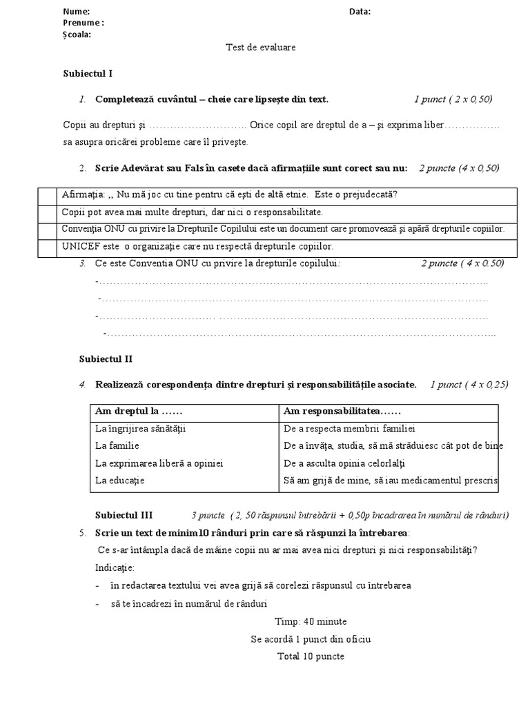 Test de Evaluare CLASA 5 | PDF