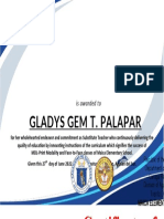 Certificate of Appreciation awarded to Gladys Gem T. Palapar