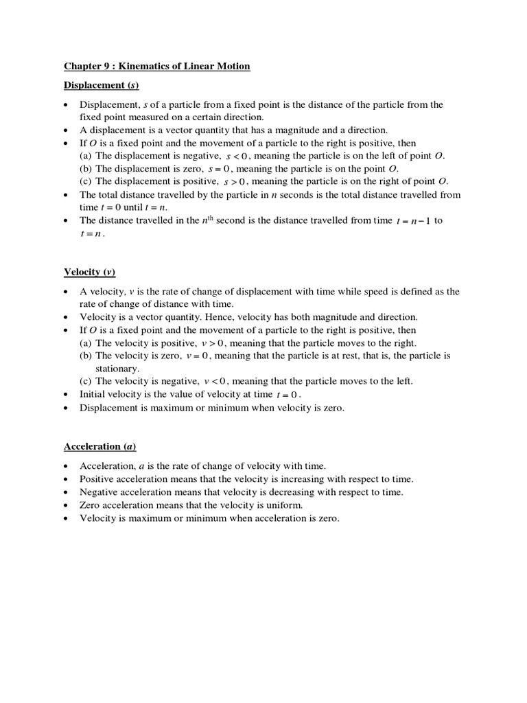 Kinematics of Linear Motion Notes | PDF | Velocity | Kinematics