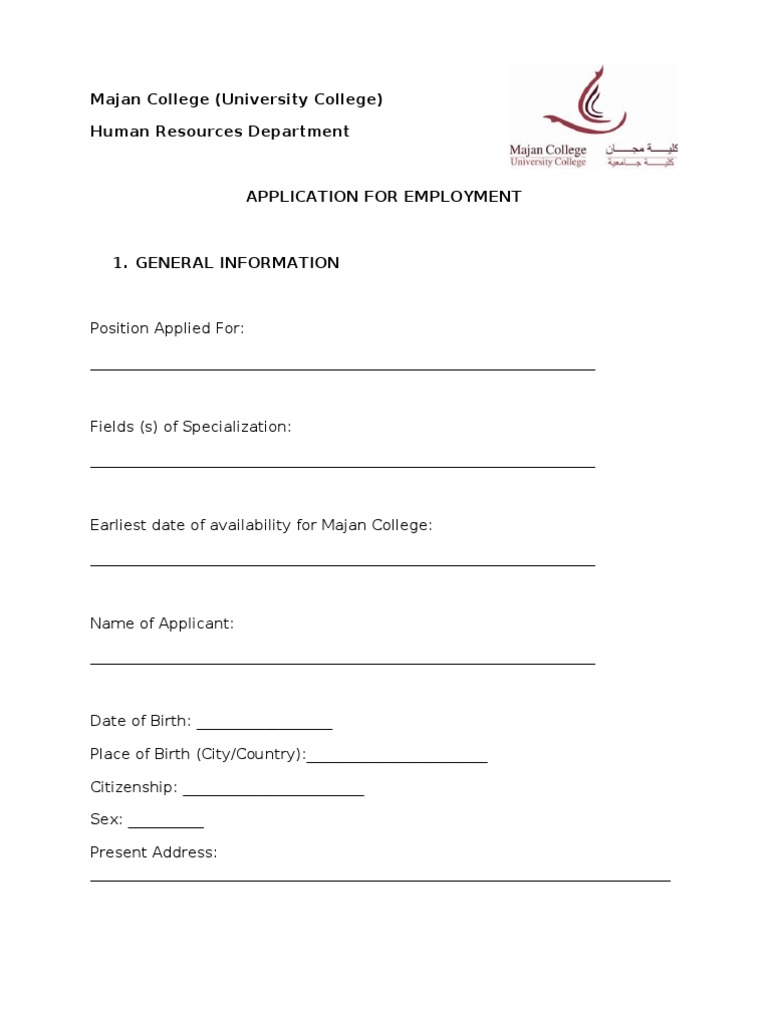 Majan College Job Application Form | PDF