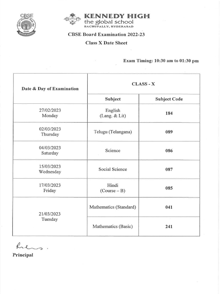 Class X Board Exam Date Sheet (202223) PDF