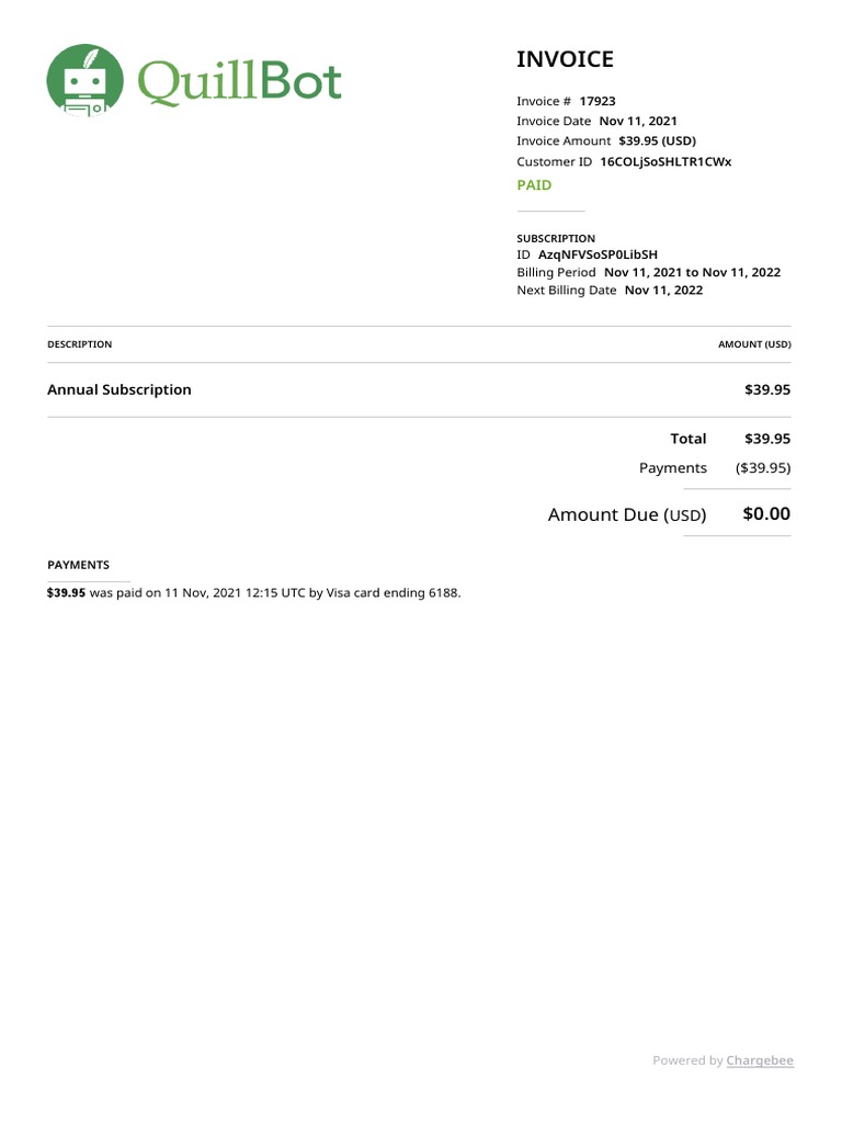 QuillBot Annual Subscription Invoice | PDF | Financial Technology ...