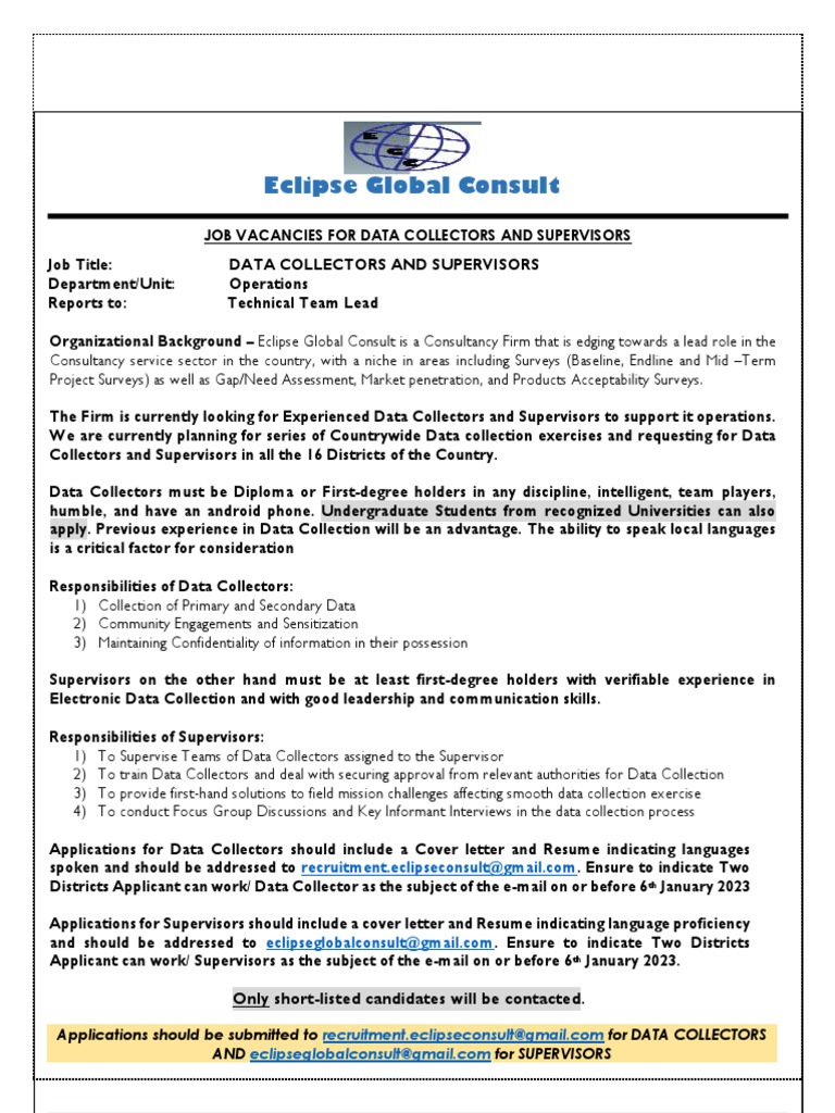 Data Collectors & Supervisors Jobs | PDF | Consultant | Résumé