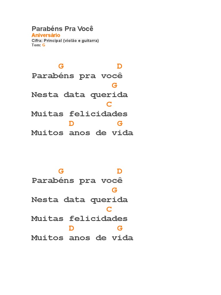 Cifra da música 'Parabéns pra Você' para violão e guitarra em tom G PDF