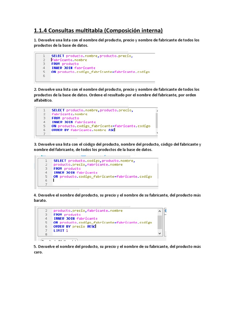 Ejemplos de consultas multitabla SQL | PDF | Informática
