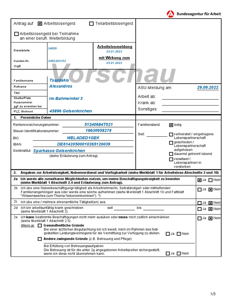 Vorschau Antrag Auf Arbeitslosengeld | PDF