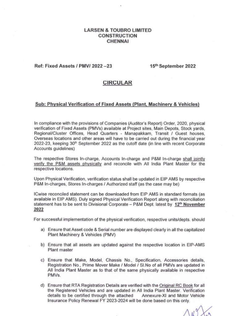 Circular - Physical Verification of Fixed Assets - FY 2022-23 | PDF