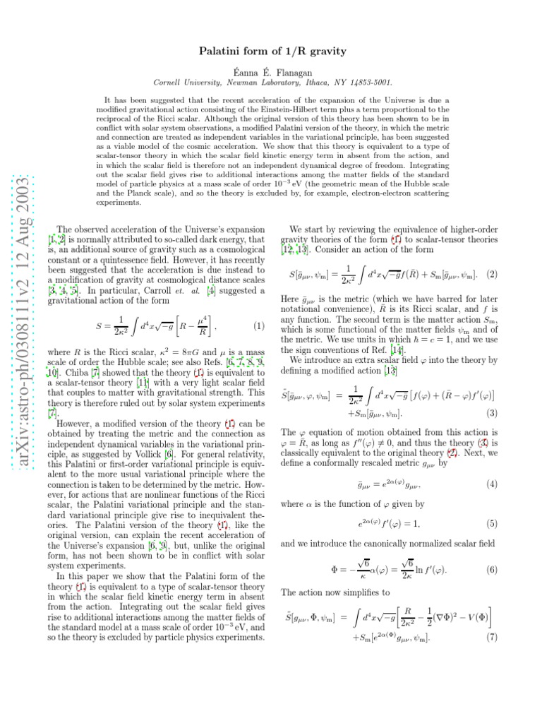 Palatini Form of 1/R Gravity | PDF | General Relativity | Matter