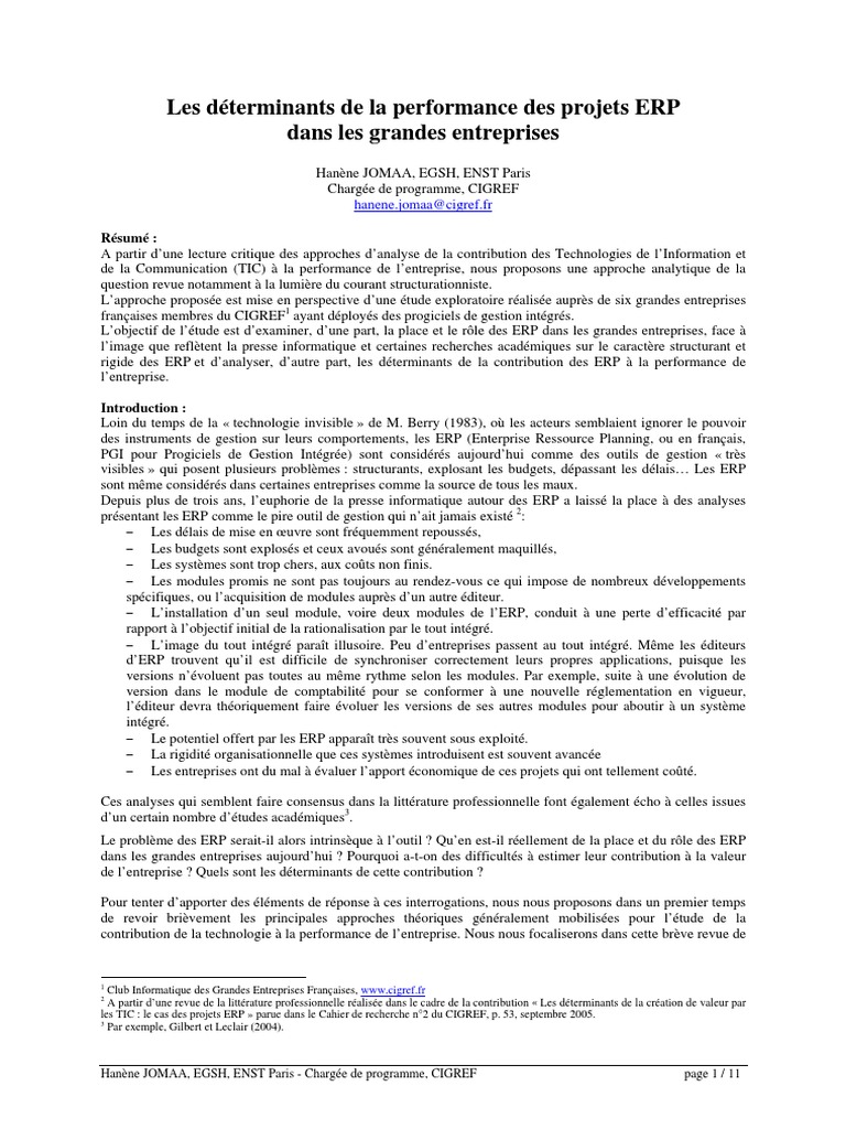 Performance des projets ERP en entreprises | PDF | Progiciel de gestion ...