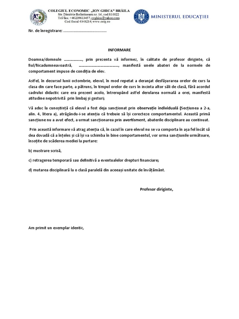 Informare Abateri Model | PDF